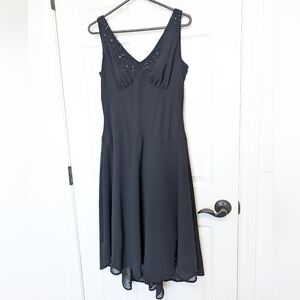 Amanda Smith Black Beaded Chiffon Midi Dress Ruched Bust 14 Y2K Vintage Fairy